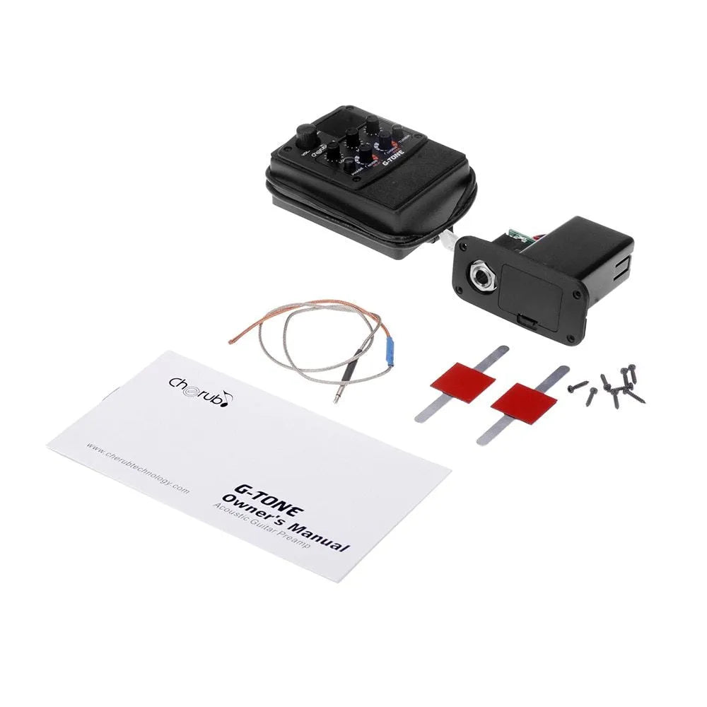 Cherub GT-6 black acoustic guitar hole-mount EQ pickup with knobs for 3-band EQ and effects.