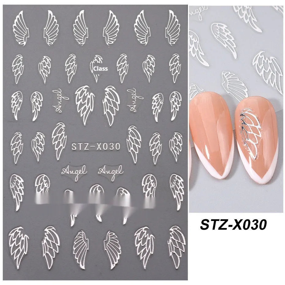 Cartoon love pattern nail art sticker decals in black and silver colours on a plastic sheet.