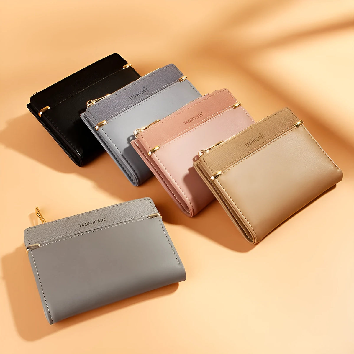 A ladies foldover wallet with a zipper, made from PU leather, shown open to reveal multiple card slots, a bill compartment, and a coin pocket.
