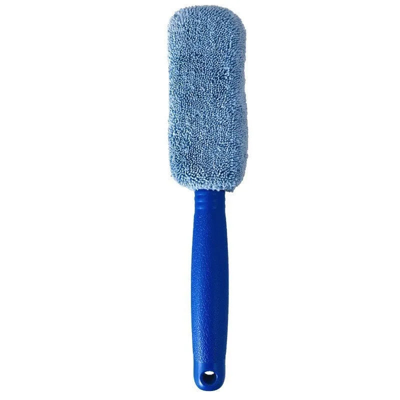 Blue microfiber car tyre brush with long 29 cm handle for wheel cleaning