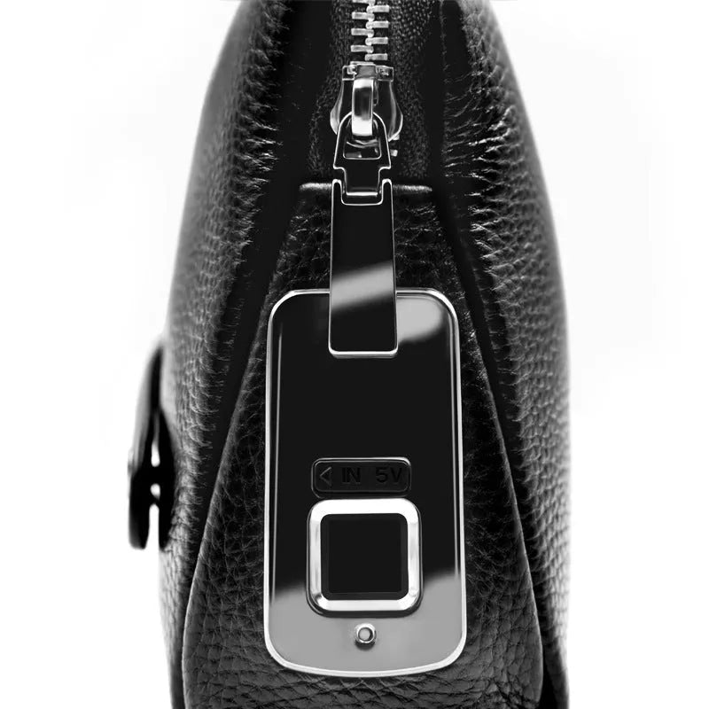 Black first layer cowhide men's fingerprint clutch wallet with zip opening and Type-C charging