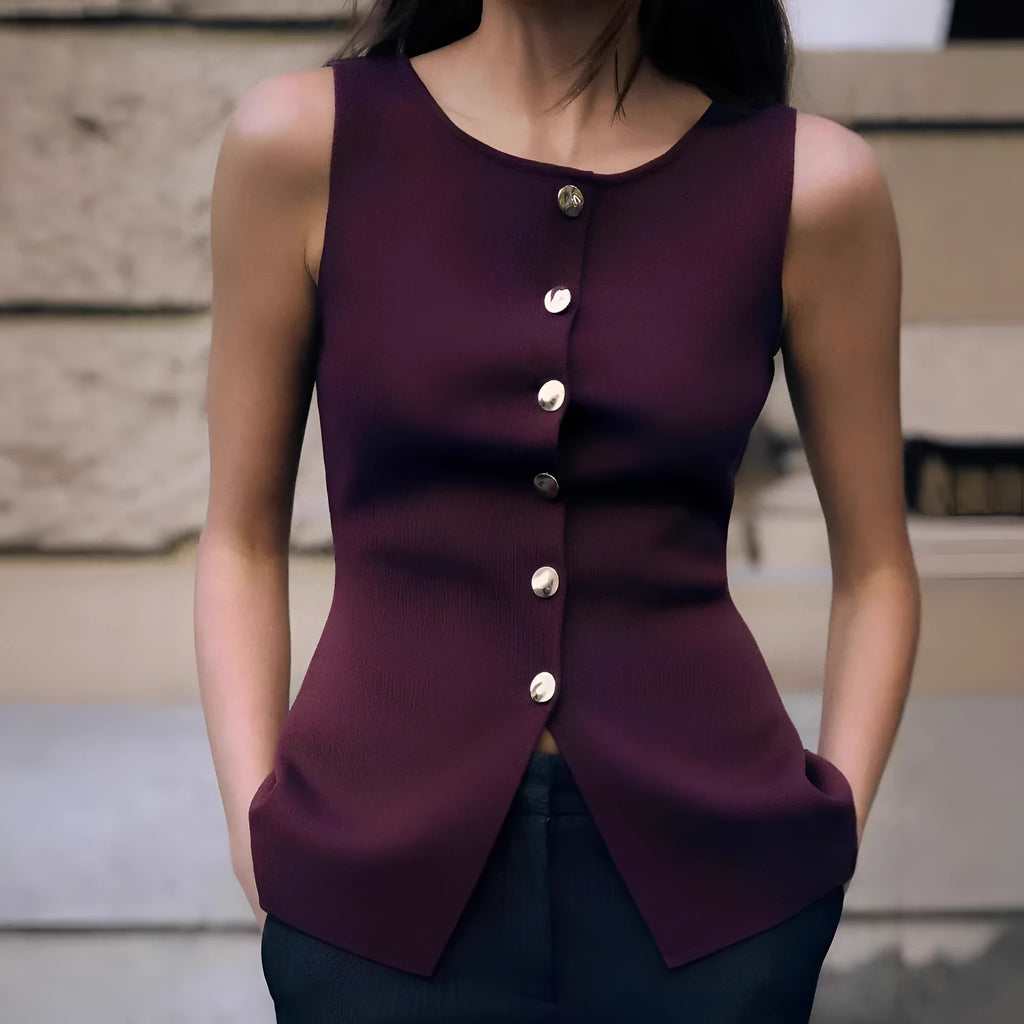Women's slim fit dark red viscose sweater vest with 3D pattern texture