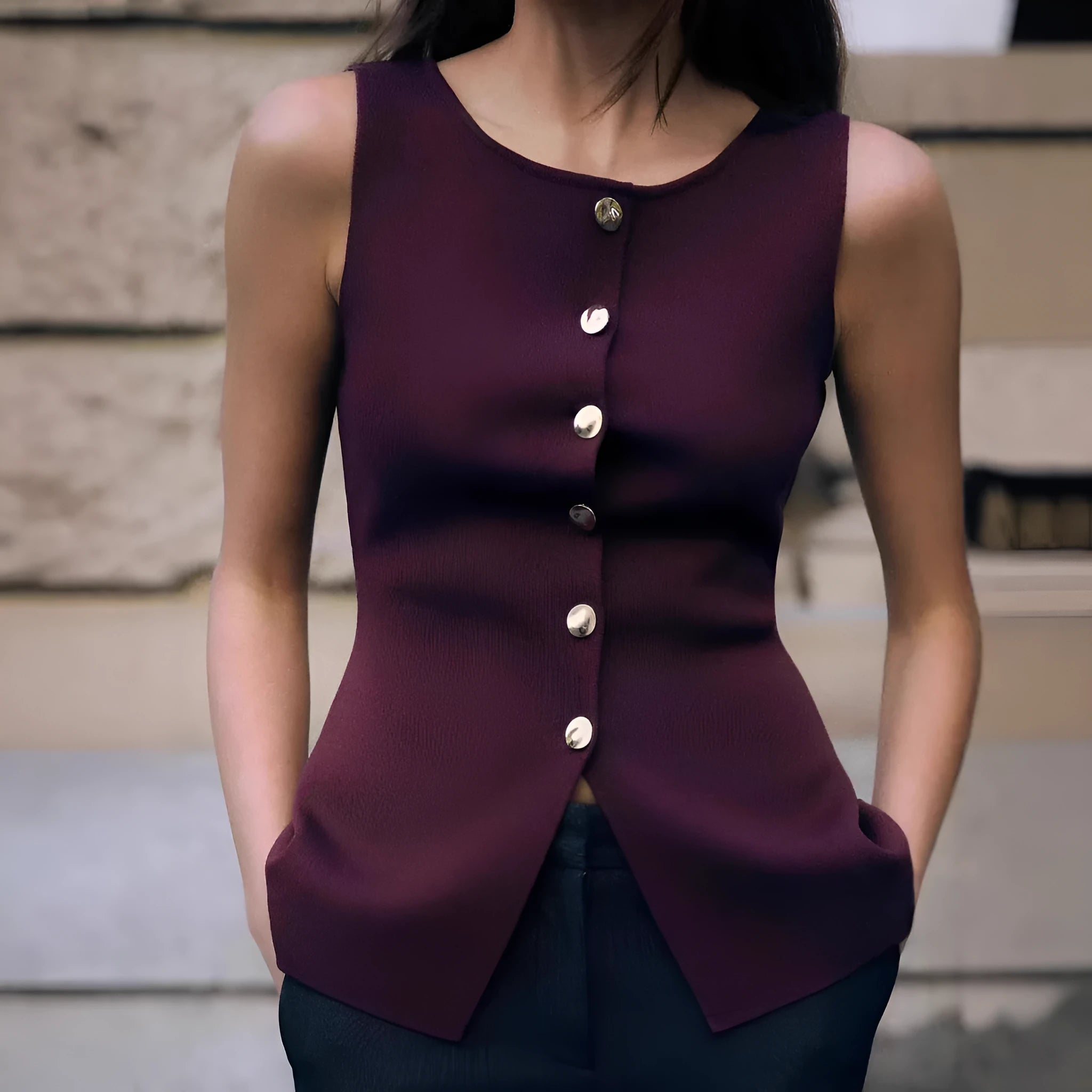 Women's slim fit dark red viscose sweater vest with 3D pattern texture