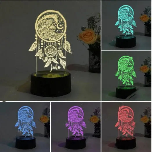 Custom dream catcher night light with acrylic shade and black base showing colourful glow