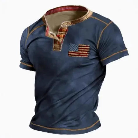 Men's grey short sleeve sports shirt with a 3D printed abstract colour pattern and a lapel button.