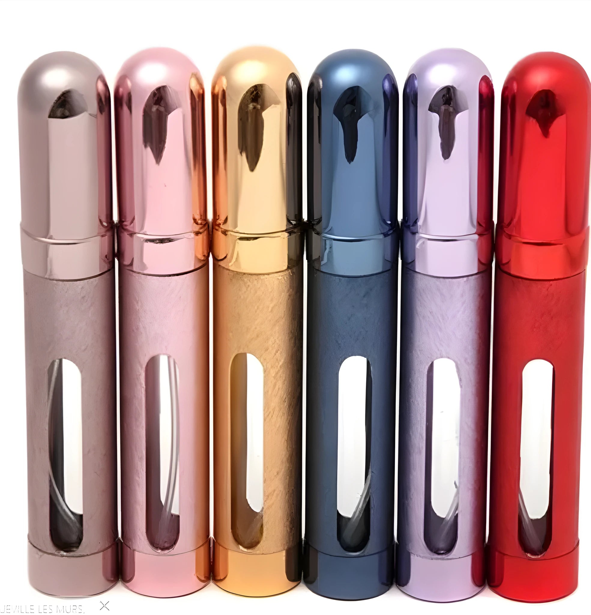12ml aluminium portable perfume bottle in bullet shape with glass liner, shown in various colours.