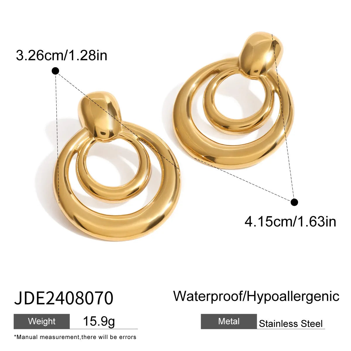 Golden round stud earrings with double-layer hollow construction and contemporary geometry design