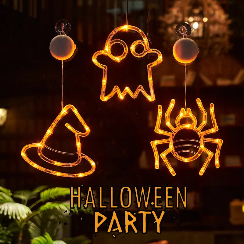 Halloween window hanging LED lights set with spider, pumpkin and ghost designs using battery power