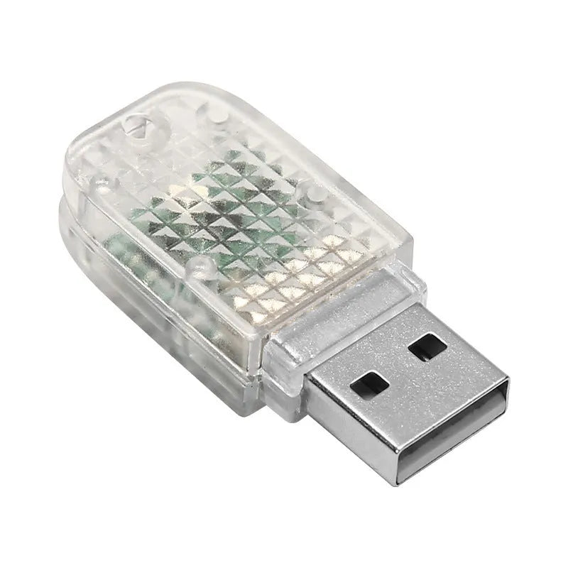 Atmosphere Car USB Light showing multi-function control with touch switch and RGB voice control for vehicle interior.