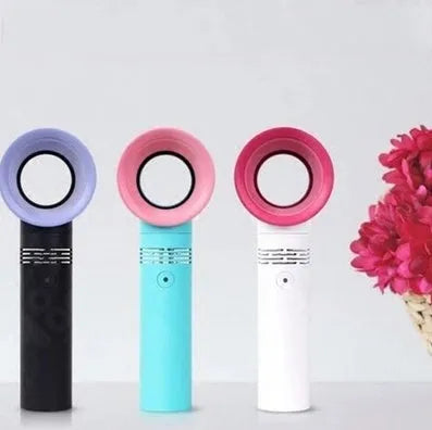 Compact portable bladeless fan on its base, shown in blue, with a USB cable for charging.