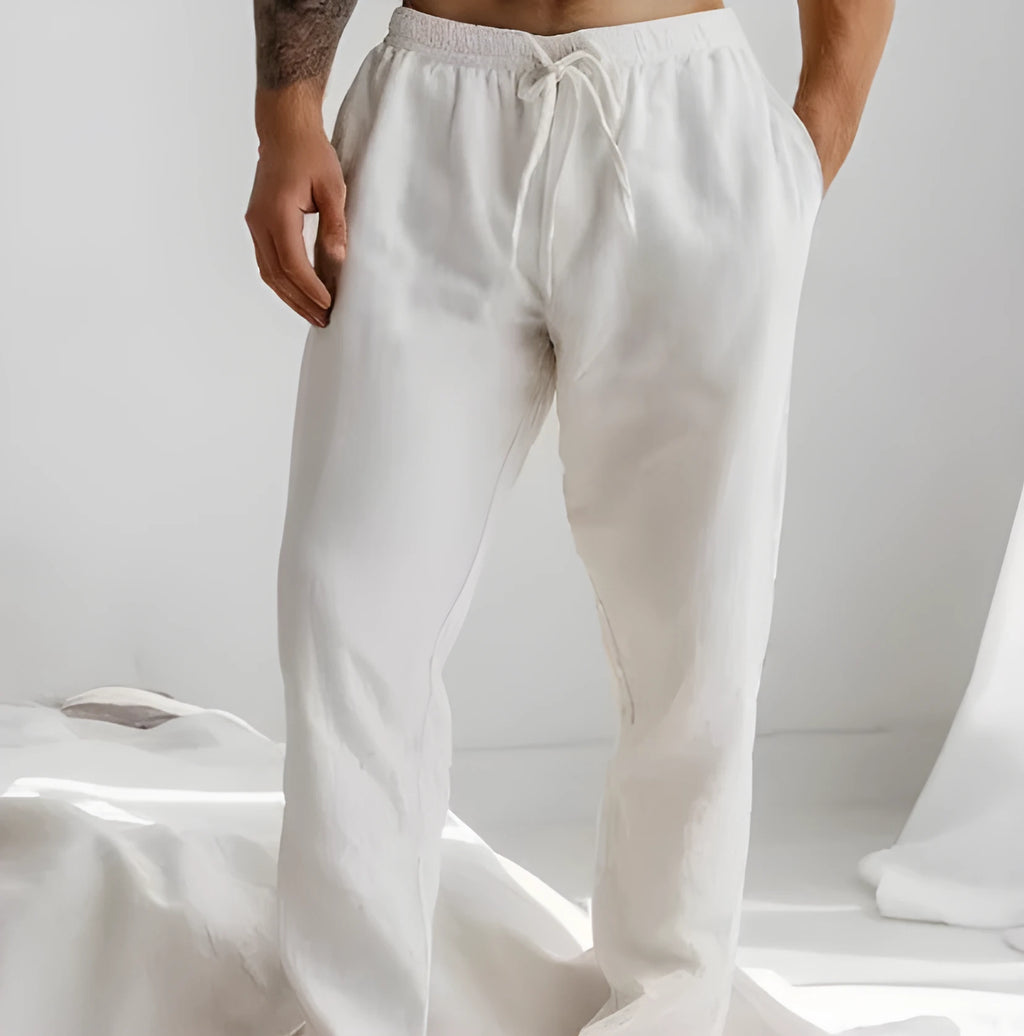 Men's loose fit summer trousers in light blue with elastic waistband and straight leg opening