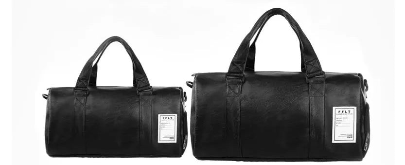 Black unisex waterproof sports gym bag with a separate shoe compartment shown in two size options.