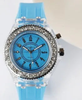 Women's LED luminous watch with colourful dial on silicone strap showing 43mm size