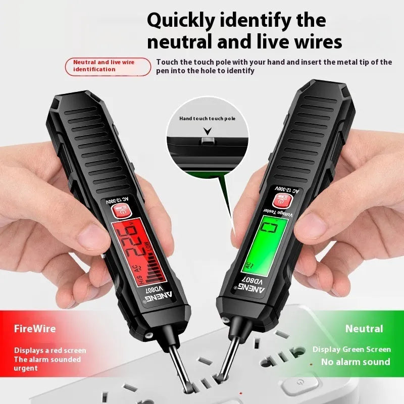 Black digital voltage tester pen with LCD display showing voltage reading