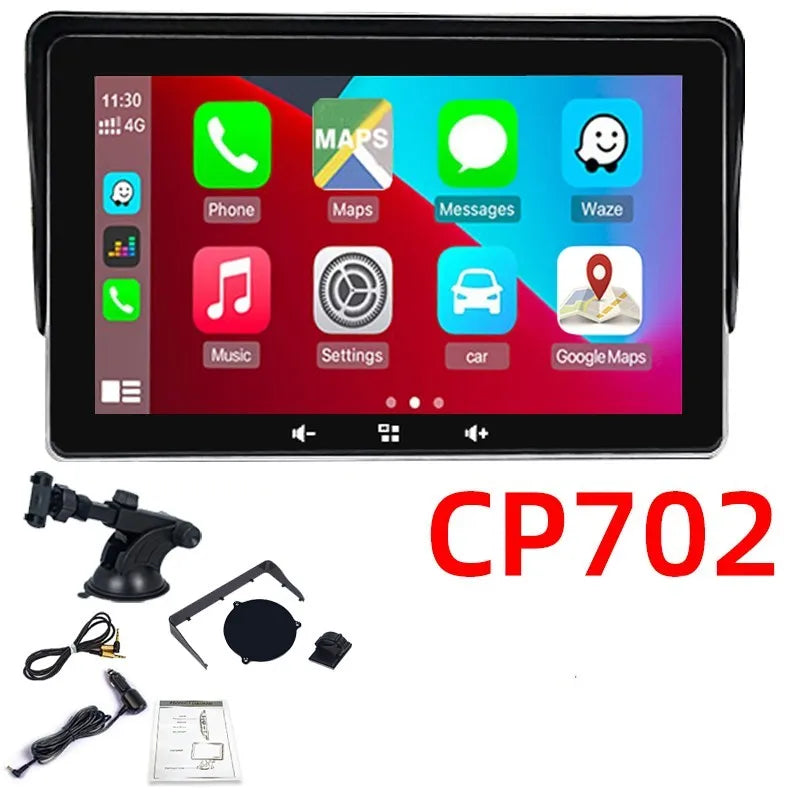 7 inch wireless CarPlay display with cigarette lighter interface and suction cup mount for universal car use