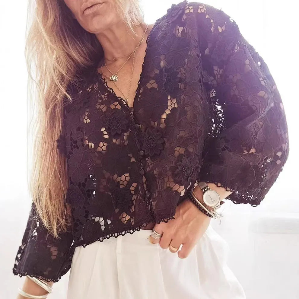 A loose-fit women's lace cardigan with a V-neck, long sleeves, and decorative 3D lace flowers, shown in khaki.