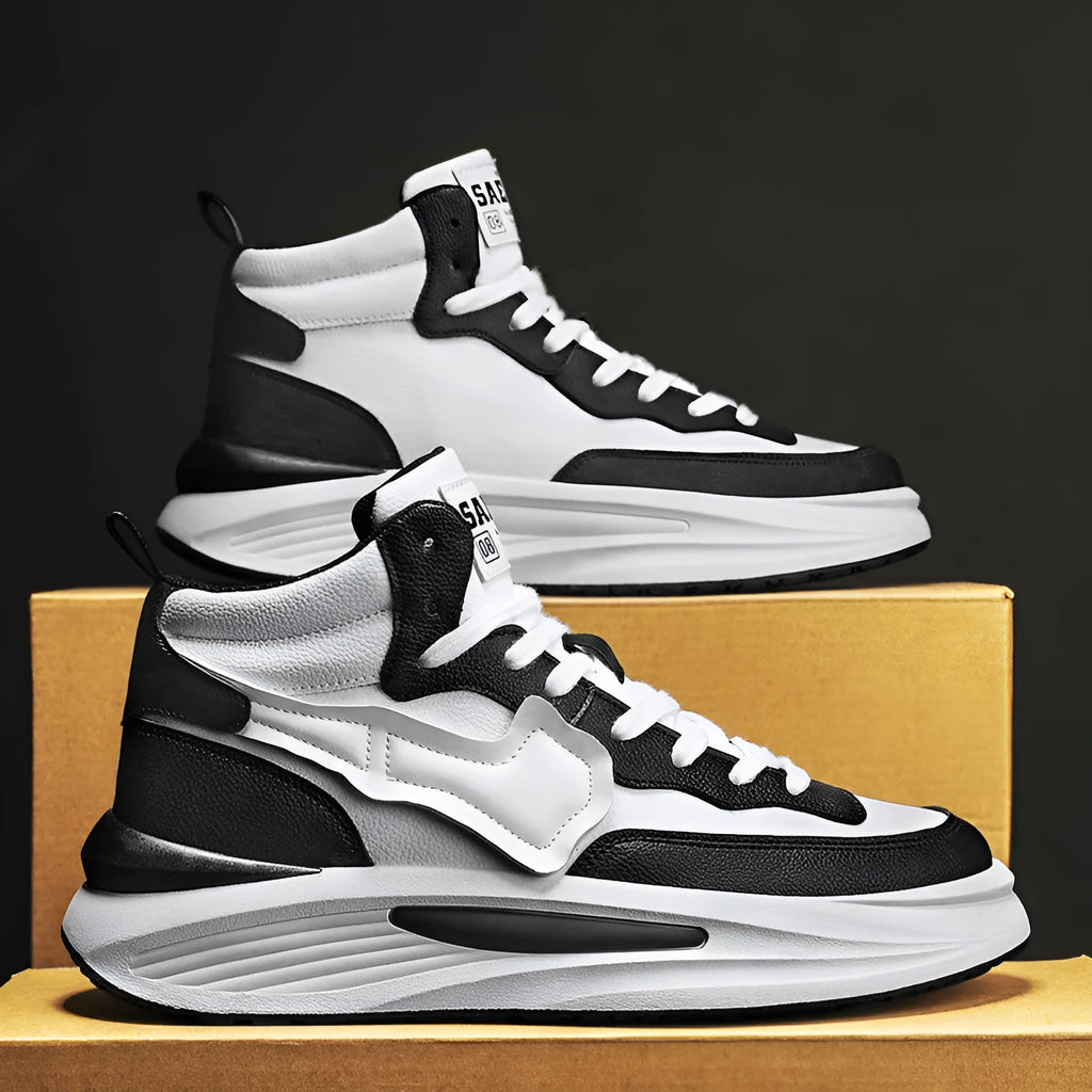 Men's black and white platform high-top board shoes with round toe and artificial PU leather upper