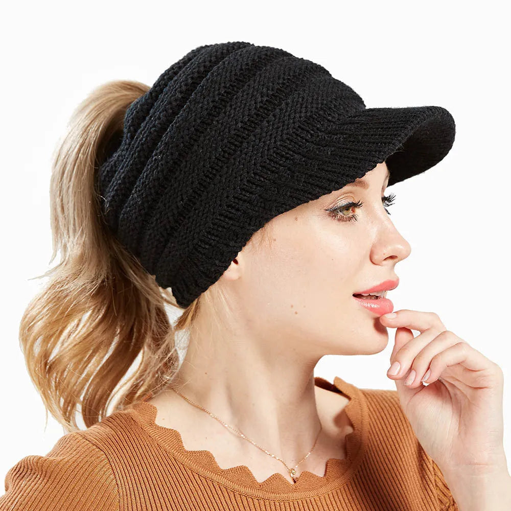 Women's acrylic yarn ponytail beanie hat in various colours showing hairstyle accommodation