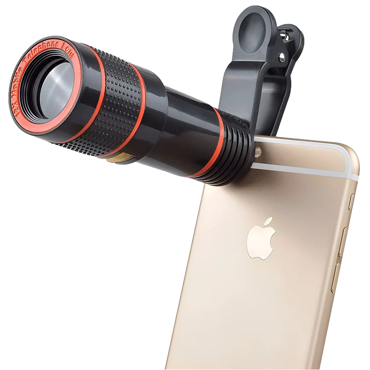 12X magnification phone telescope with adjustable clip attached to a mobile phone for long-distance photography.