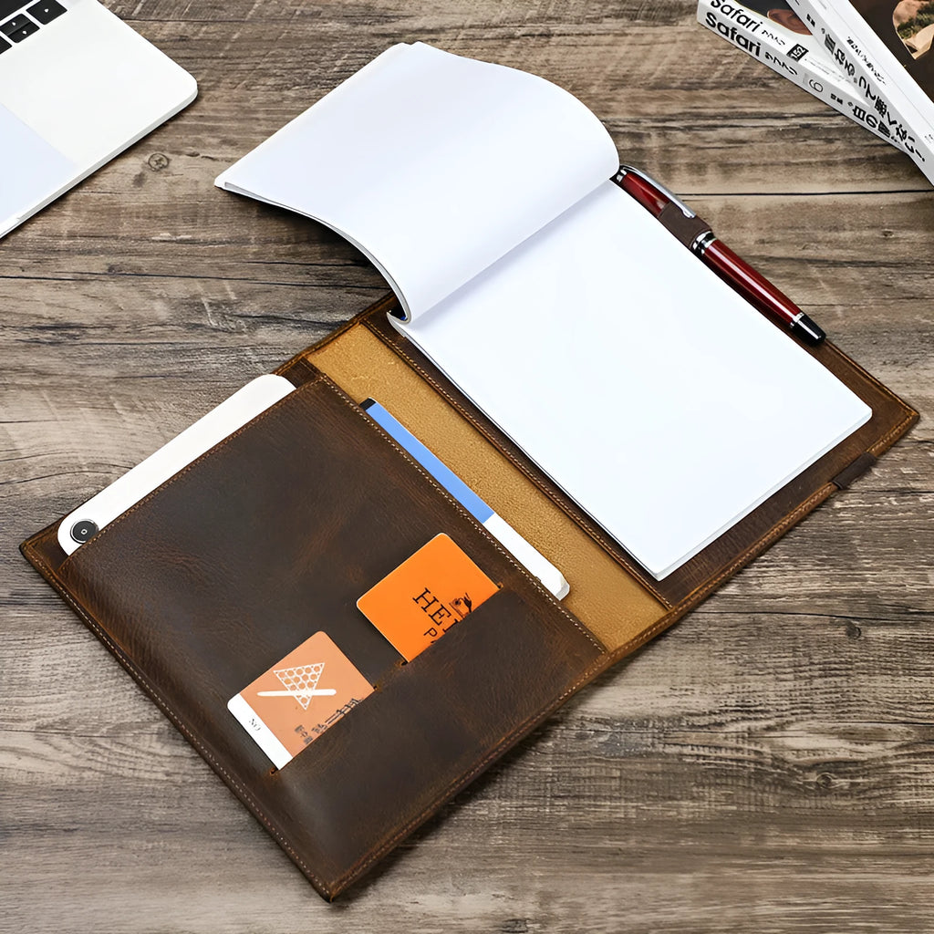 Brown Crazy Horse leather A5 notebook protective sleeve with square socket type design.