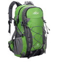 Polyester leisure sports travel backpack in green blue black or orange for hiking and camping with 32cm width and 50cm height.
