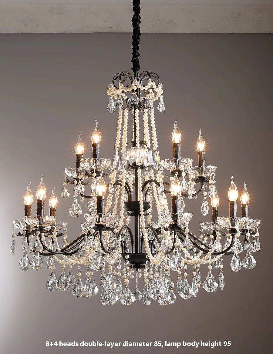 Black crystal chandelier with iron droplight frame and monochrome 220V ceiling light for living room or dining room
