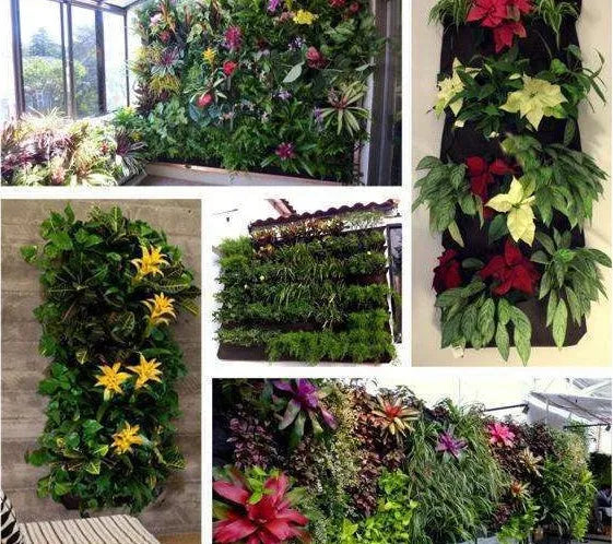 7-pocket vertical felt planter bag hanging on a wall with green plants growing in each pocket