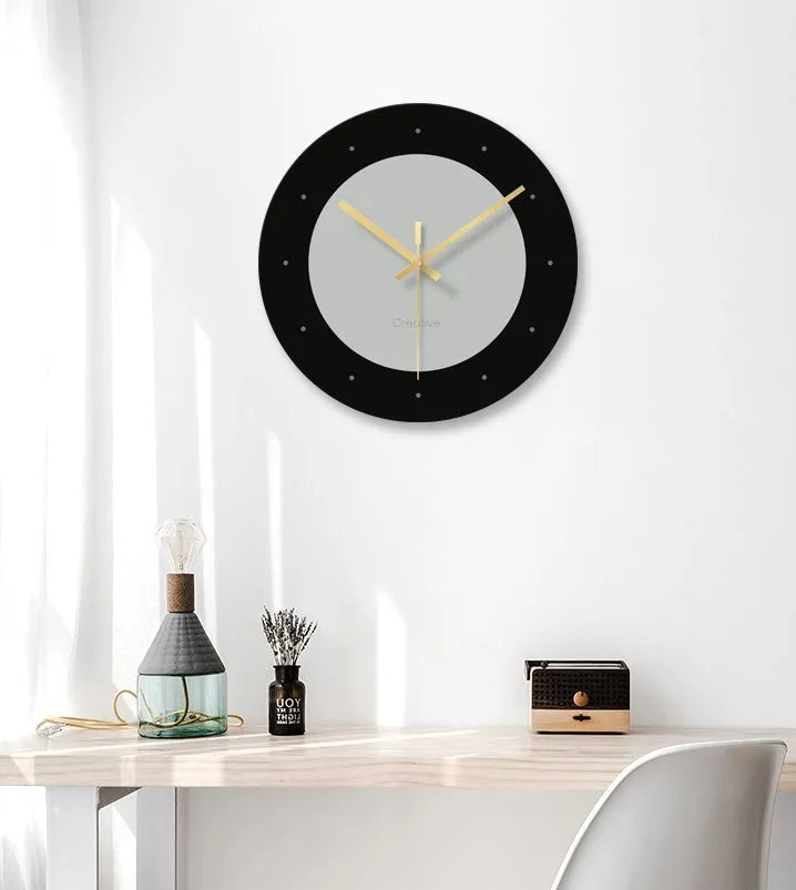 Minimalist transparent tempered glass wall clock with silent movement, 29.5cm diameter, on a white wall.