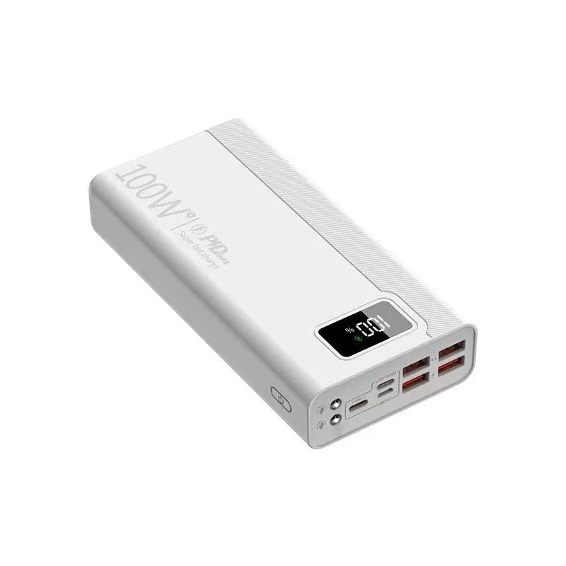 Large capacity power bank in black or white plastic casing with compact dimensions