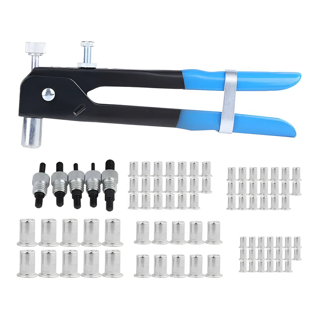 Manual riveter nut set with alloy steel nut gun tool in 86-piece or 106-piece configurations