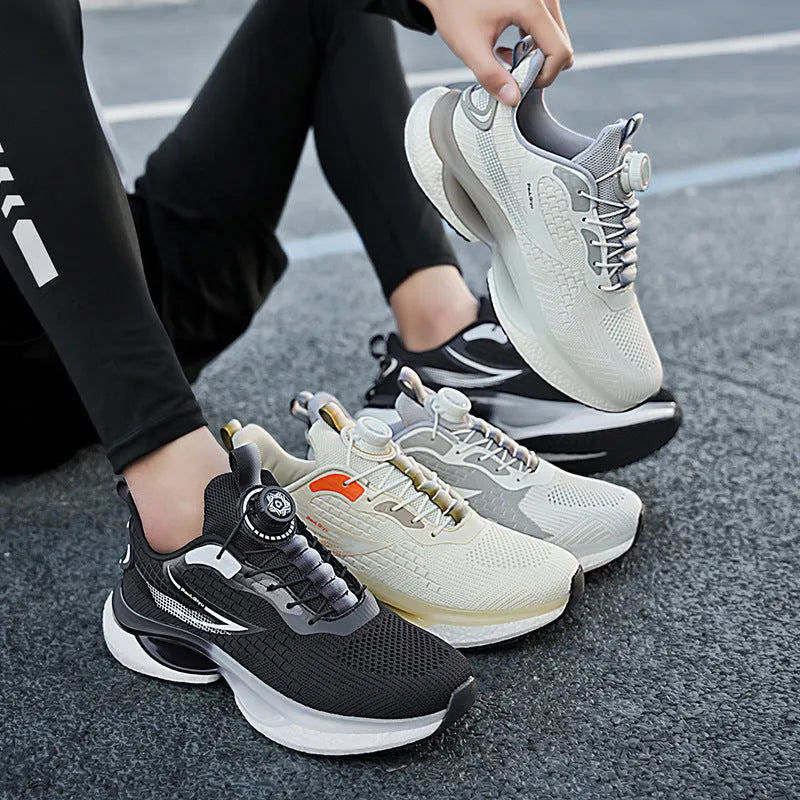 Korean style low-top sports shoes with rotating button buckle on Fly-kit mesh upper