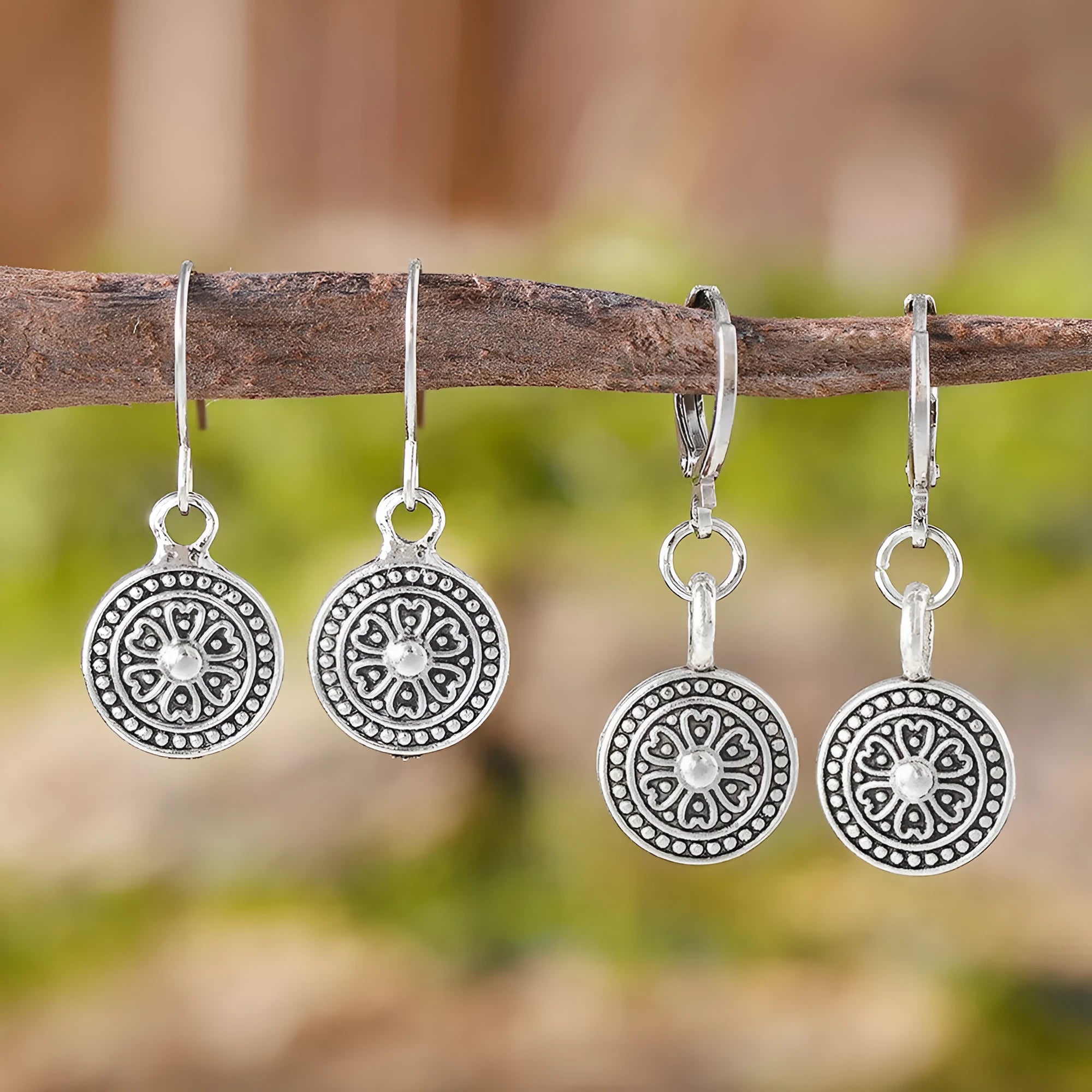 Geometric zinc alloy earrings with distressed ethnic prints in bohemian retro style