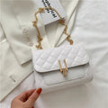 Women's white diamond lattice chain crossbody bag with adjustable shoulder strap showing dimensions