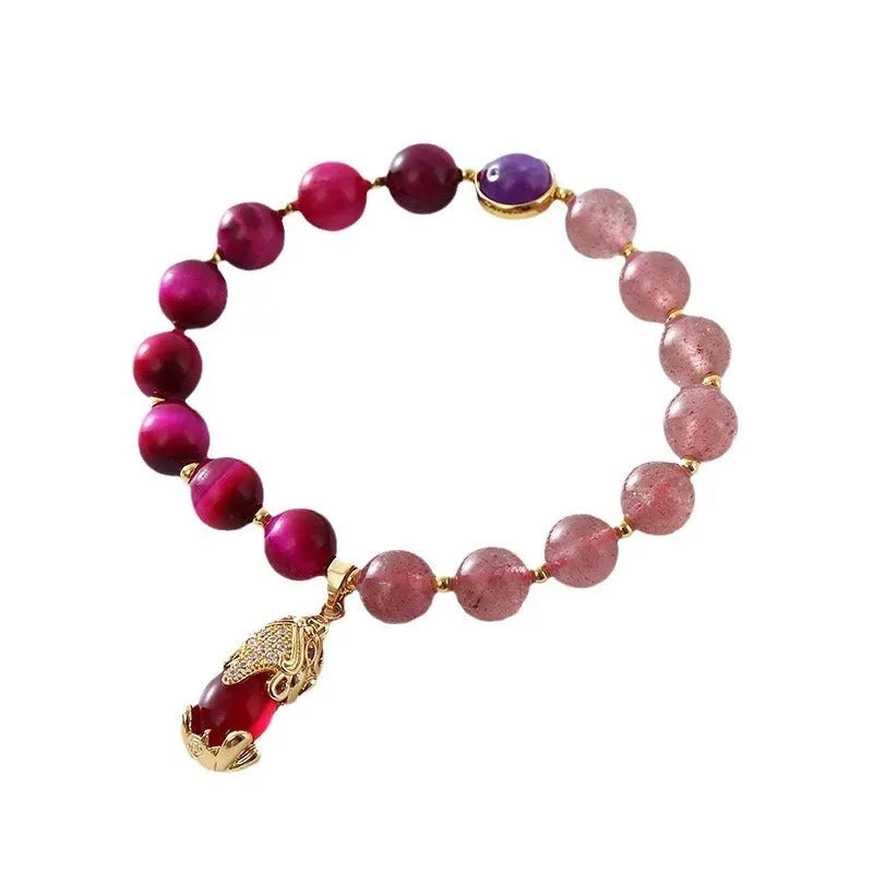 Simple strawberry crystal bracelet on elastic rope for women, 18cm size.