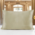 19 M double-sided silk pillowcase shown in apricot colour, lying flat to show envelope closure.