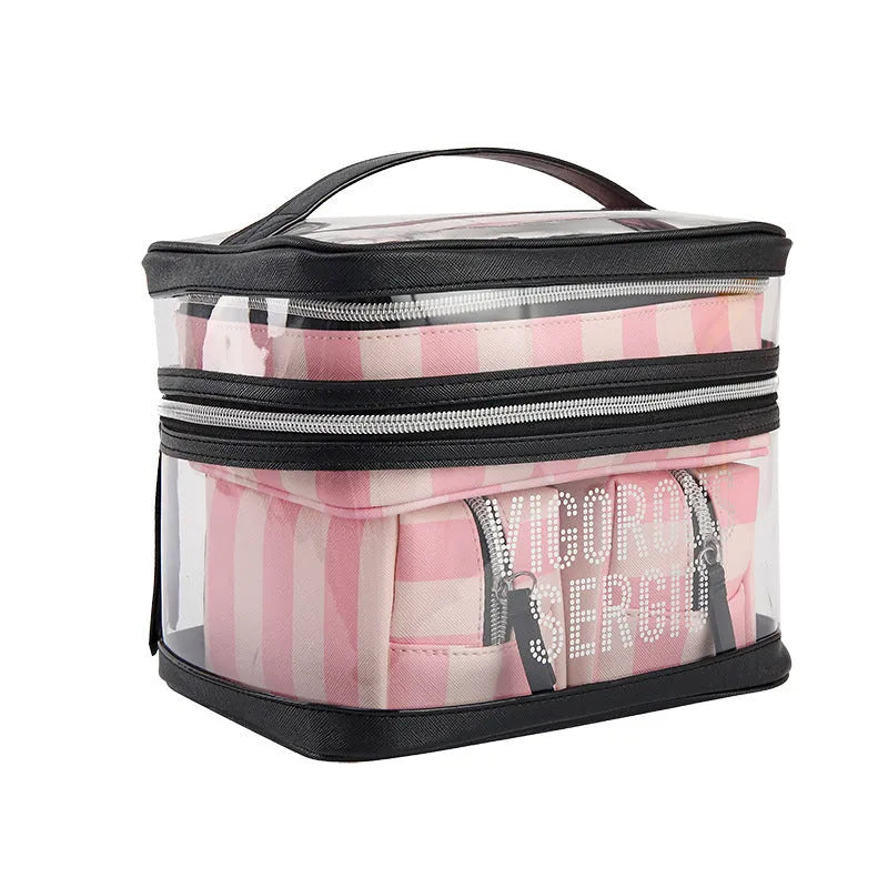 Pink striped floral pattern waterproof synthetic leather folding makeup bag with nylon lining