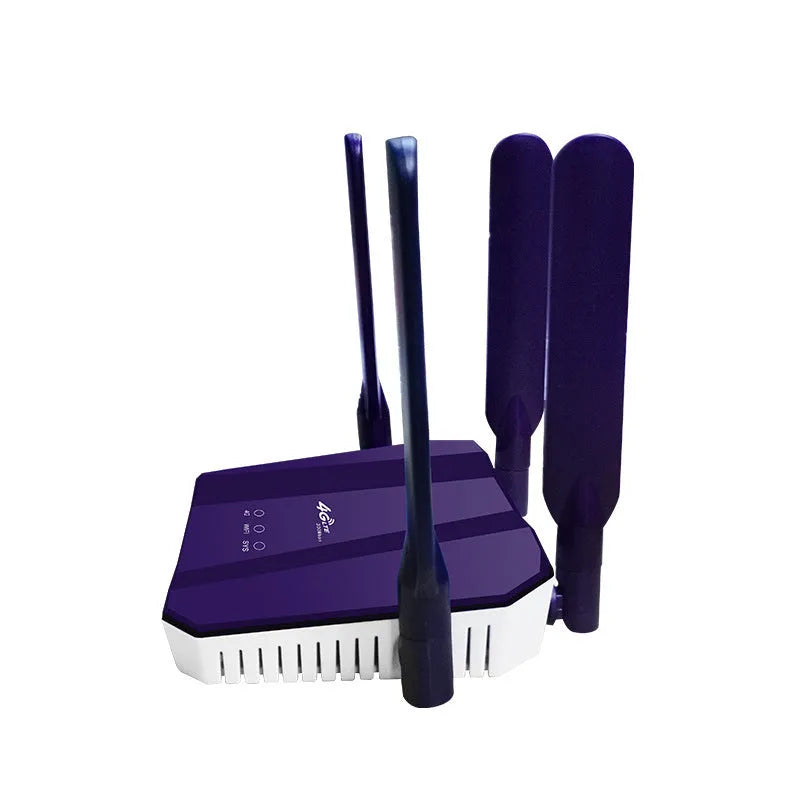 Blue 4G dual mode wireless router with four external antennas on a desk.