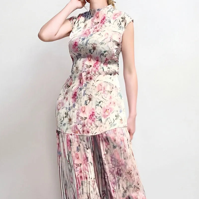 Long sleeve printed chiffon dress with matching top, high-waisted skirt design in picture colour.