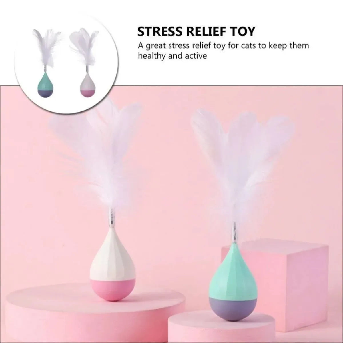 Green and pink feather tumbler cat toy with ABS plastic ball and goose feather attachment