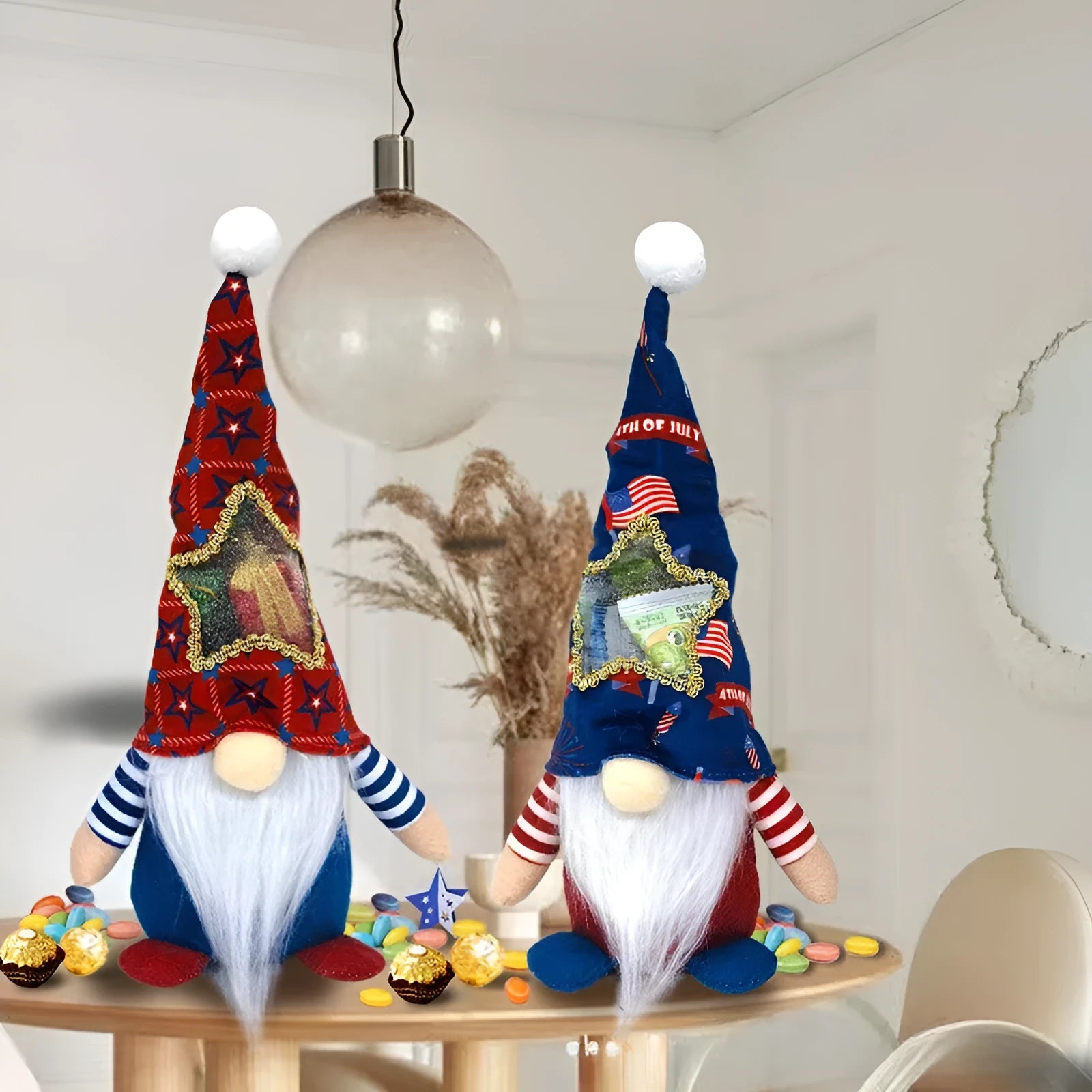 Two faceless baby doll Rudolf Christmas candy bag ornaments made from polyester cloth fabric