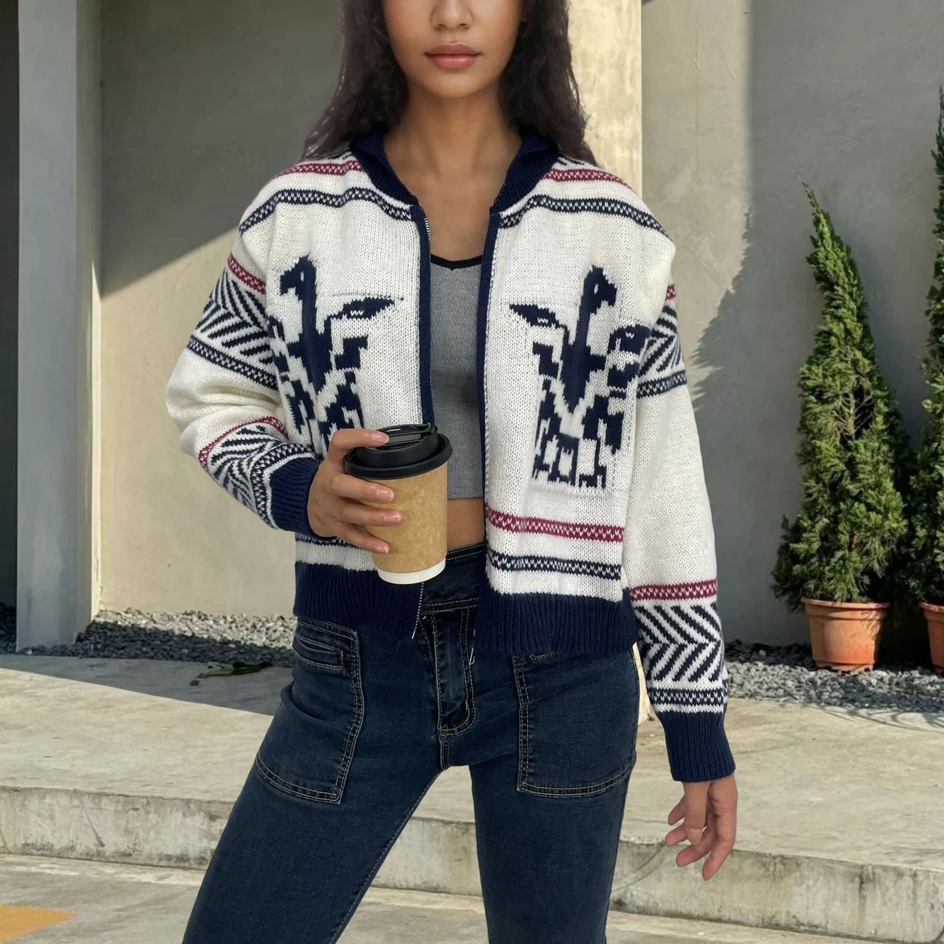 White women's zipper cardigan with contrast jacquard stripe pattern and lapel collar