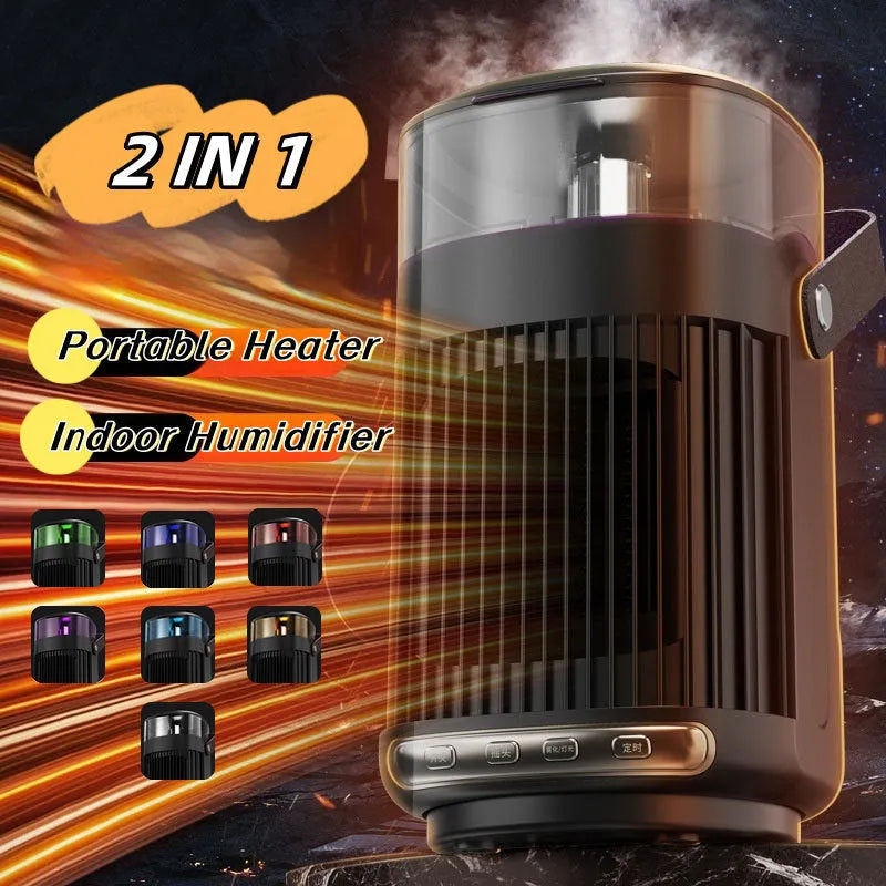 Black portable PTC heater with humidifier, showing front control panel and compact design.
