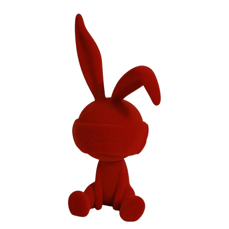 Suede blindfold rabbit resin table ornament in green, blue, or red colour options