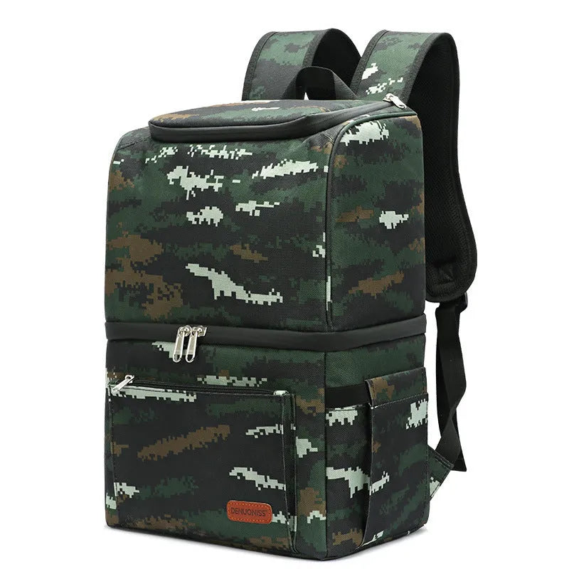 Blue insulated waterproof picnic backpack with double-layer construction and ice pack compartment