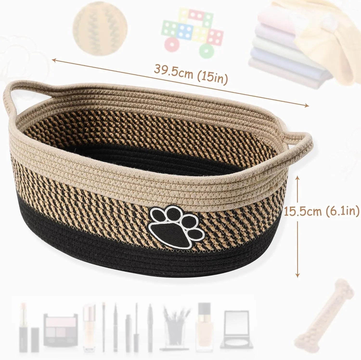 Light beige handmade cotton rope storage basket with handle for nursery toys and home organisation
