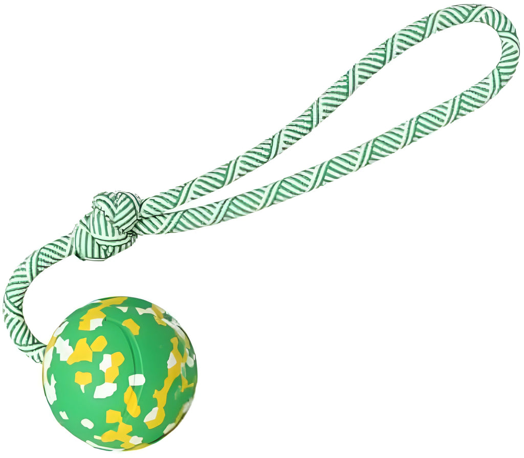 S size natural rubber dog chew ball attached to a blue nylon rope for fetch and tug toys