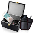 Grey carbon fibre RFID shielding box and two matching key cases for anti-theft protection