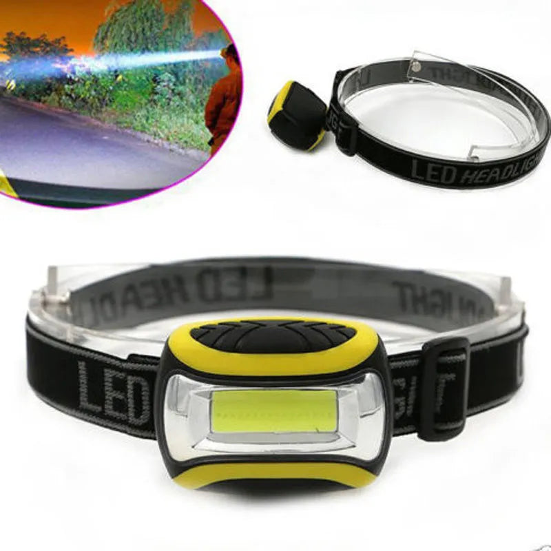 Yellow plastic headlamp with a central COB LED light, shown as a single unit for outdoor use.