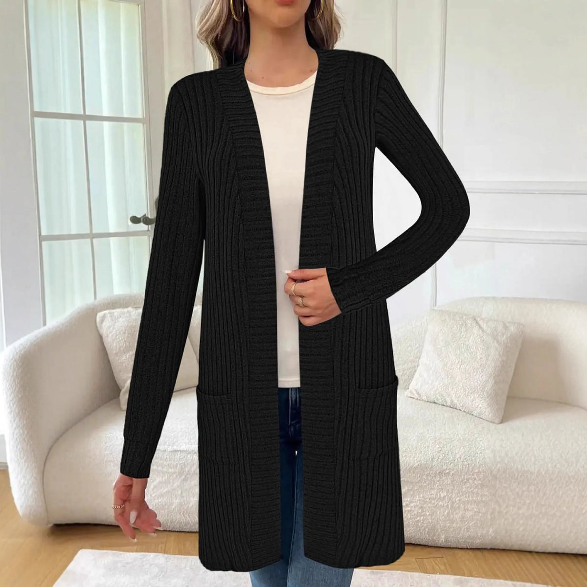 Long sleeve loose fit knitted cardigan jacket in black, wine red, or grey.