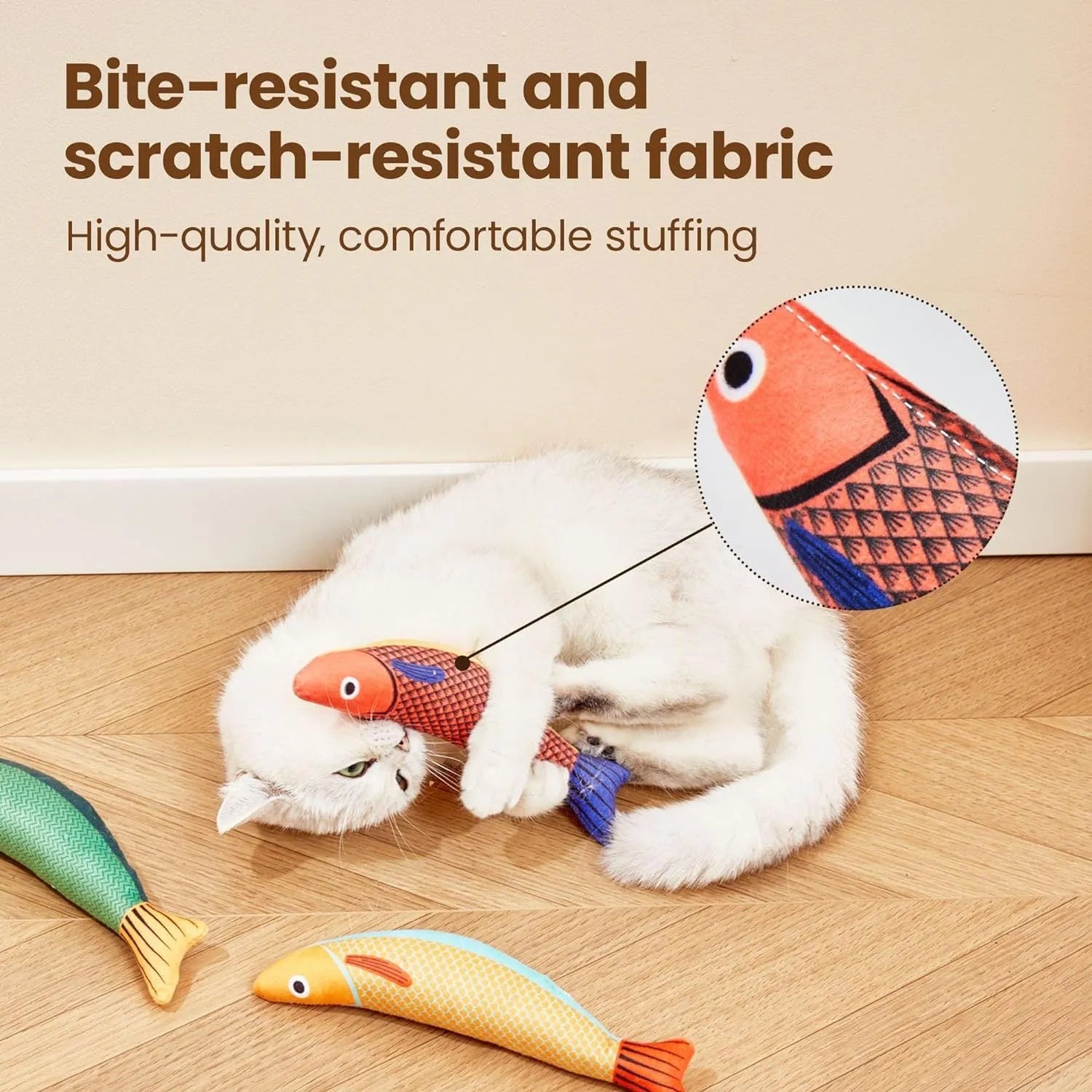 Soft plush fish cat toy with organic catnip and crinkle sound in green orange and yellow colours for kittens